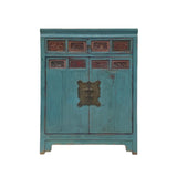 vintage chinese teal blue tall credenza - asian vintage carving doors cabinet 