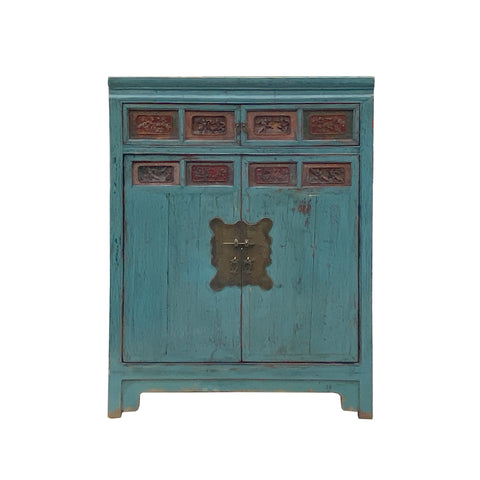 vintage chinese teal blue tall credenza - asian vintage carving doors cabinet 