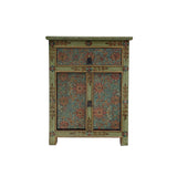 tibetan style graphic end table - pastal green turquoise nightstand - asian floral pattern side table