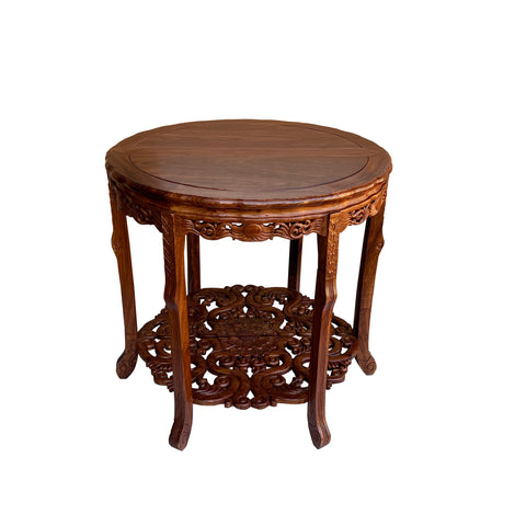 Chinese Brown Flower Carving Wood 2 Half Side Round Pedestal Table ws2748S