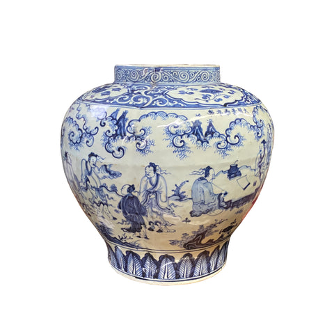 chinese blue white porcelain fat jar - asian people graphic round fat vase