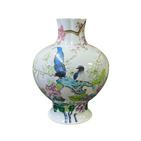 chinese white porcelain vase - oriental colorful birds flower graphic vase
