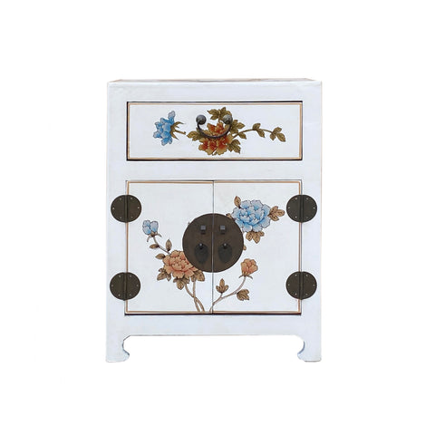 Chinese Off White Vinyl Moon Face Flower  End Table Nightstand cs7130S