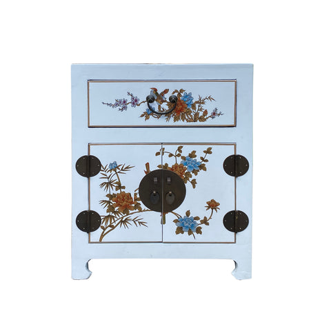 off white end table - asian flower bird nightstand - print graphic side table