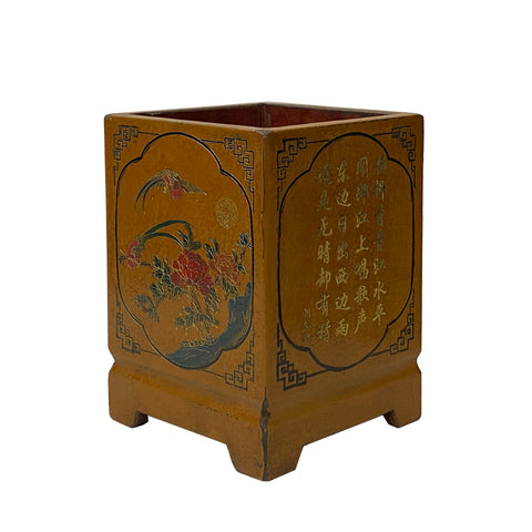 yellow brown wood holder - rhombus shape wood box - Chinese flower bird wood display