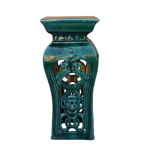 ceramic pedestal table - oriental square green side table - chinese ru yi coin stand
