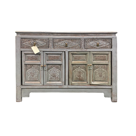 Chinese Distressed Gray Floral Motif Sideboard Console Table Cabinet cs5768S
