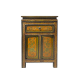 green yellow end table - asian distressed flower graphic side table - Chinese small nightstand