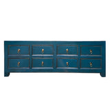 8 drawers low console cabinet - distressed teal blue low table - 
