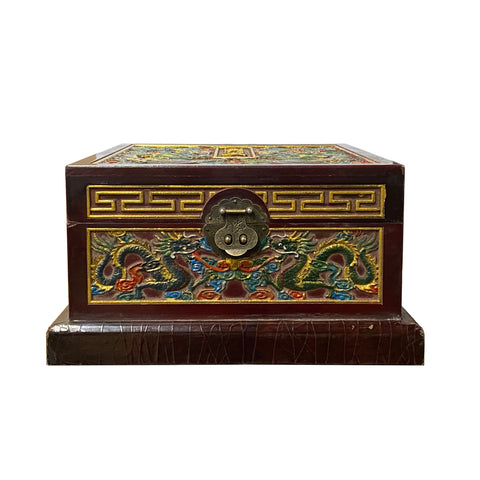 Dragons theme wood box - Oriental carving square chest - Asian golden dragon storage box