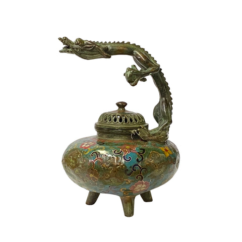 incense burner - dragon accent handle incense holder - turquoise blue enamel holder