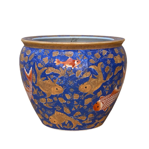 gold fish porcelain pot - oriental blue ceramic pot - chinese planter pot