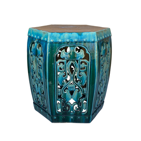 clay hexagon side table - oriental green turquoise hexagon pedestal - chinese pedestal side table