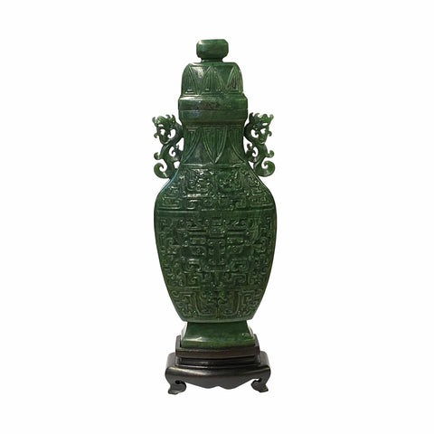 green jasper flask jar - Chinese dragons carved display - stone carved vase