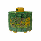oriental scenery container - Chinese green yellow pottery urn - oriental ceramic jar