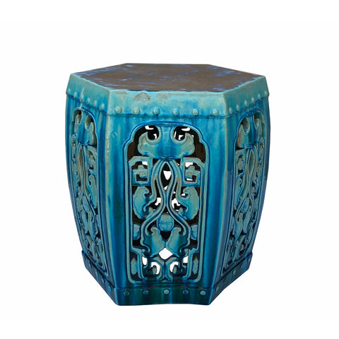 Ceramic Clay Green Turquoise Glaze Hexagon Motif Garden Stool