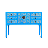 blue console table - oriental flower slim side table - asian golden flower foyer table