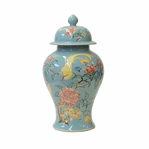 pastel blue porcelain jar - temple jar - oriental flower birds jar