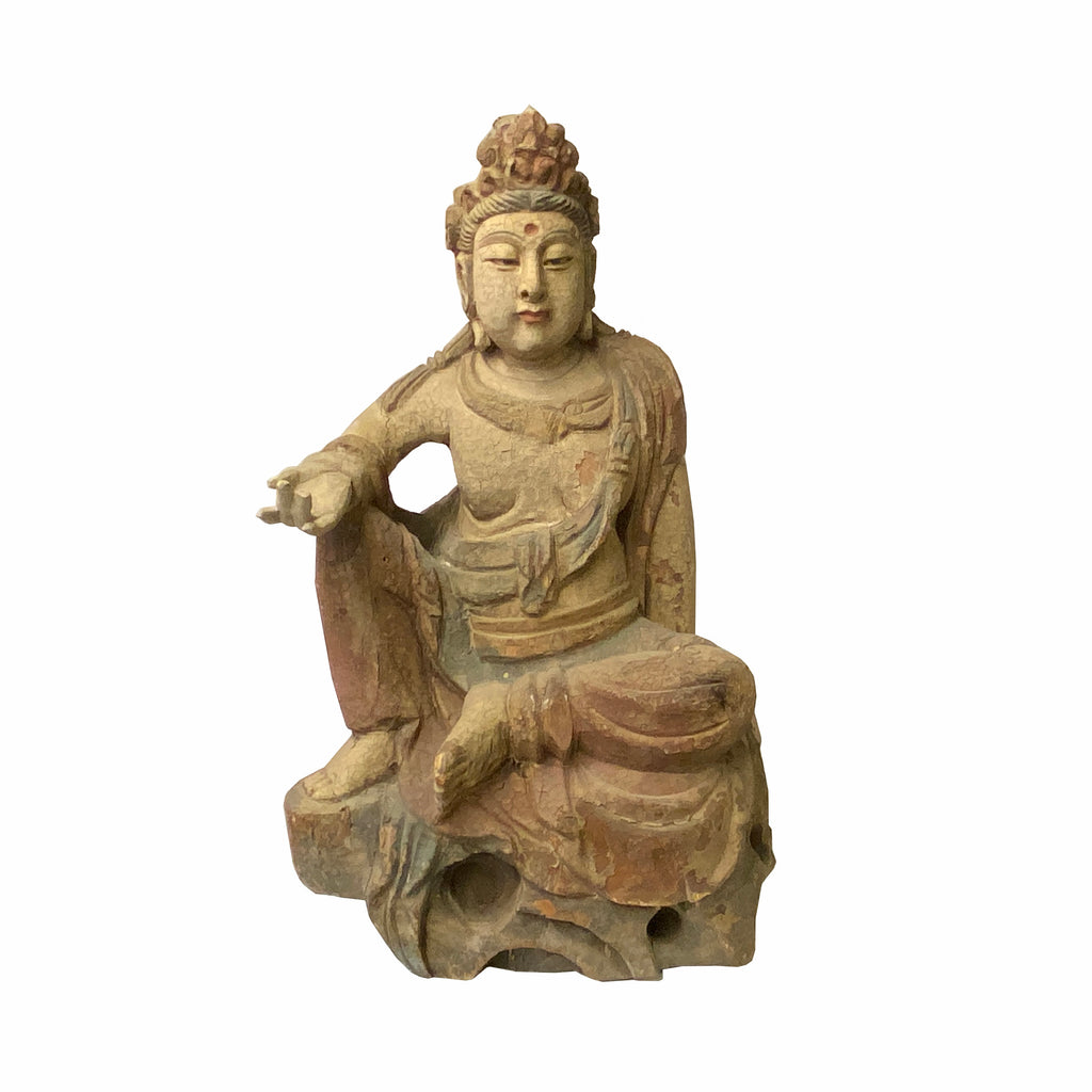 Solid Wood Guan Yin Kwan Yin Bodhisattva Statue Hand-Crafted Seated In Relaxation Spiritual Decor ws1554S