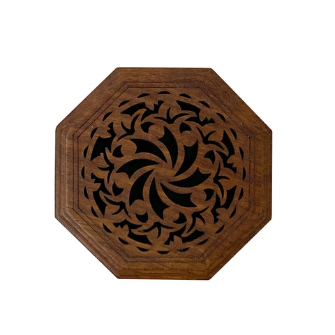 Small Brown Wood Octagonal Carving Storage Accent Box ws2647S