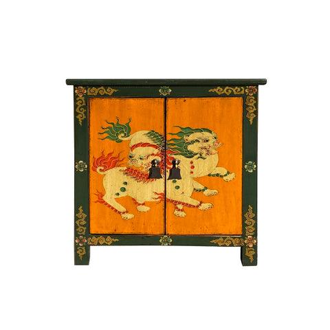 tibetan foo dog end table - oriental orange green side table - Asian tibetan style graphic nightstand