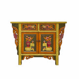 distressed oriental sideboard - yellow orange flower carving console cabinet - asian color graphic credenza
