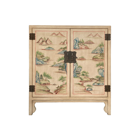 beige tan oriental graphic cabinet - asian graphic storage cabinet