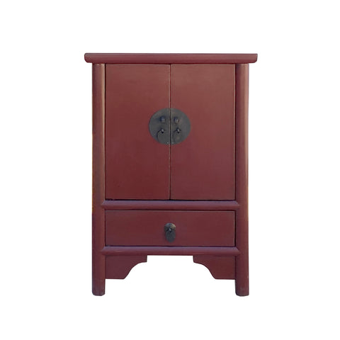 oriental brick red end table - asian chinese red nightstand - oriental moon face side table
