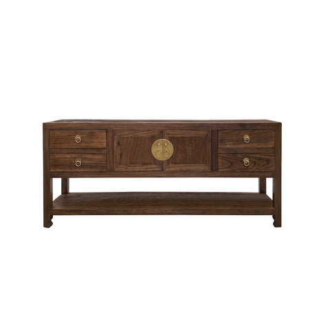 Chinese Oriental Brown Stain Low TV Console Moon Face Table Cabinet cs7572S