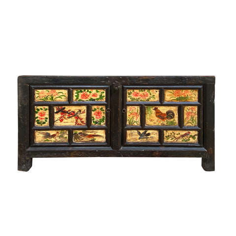 vintage chinese flower graphic sideboard - Oriental rustic brown tv console table - Asian vintage credenza cabinet