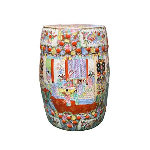 chinese porcelain stool ottoman - oriental famille rose porcelain round table - Asian family court scenery stool 