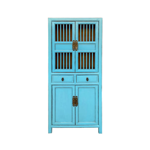 pastel blue bookcase - asian shutter doors cabinet - narrow slim blue storage cabinet