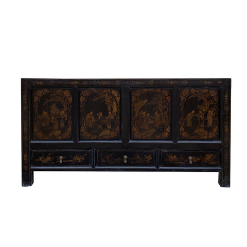 golden graphic tv console table - Chinese black scenery graphic storage cabinet 