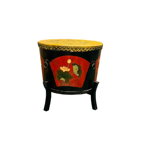 Asian Round flower graphic drum - oriental black red drum side table