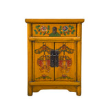 yellow fishes end table - Oriental distressed lacquer nightstand - Asian Chinese floral graphic side table