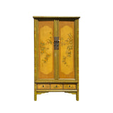 chinese flower bird armoire - oriental green yellow wardrobe - asian large storage cabinet dresser