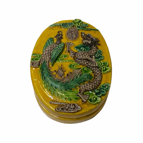 Chinese Yellow Mustard Ceramic Phoenix Dragon Ink Well Dipping Display ws1806S