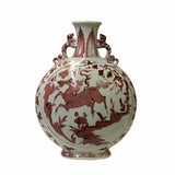 brick red vase - oriental flat round vase - horse theme chinese pottery vase