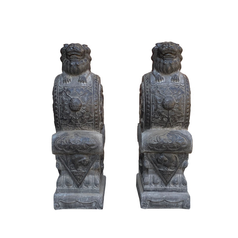 Pair stone Foo dogs - Black Gray stone Lions Fengshui statue - Chinese Stone Foo dogs