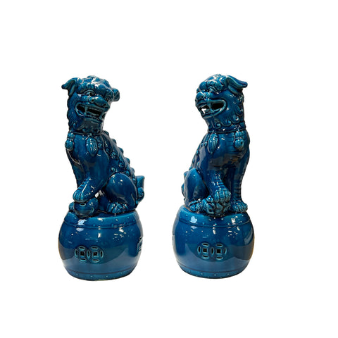 Pair Chinese Blue Color Glaze Ceramic Fengshui Foo Dog Figures ws2722S