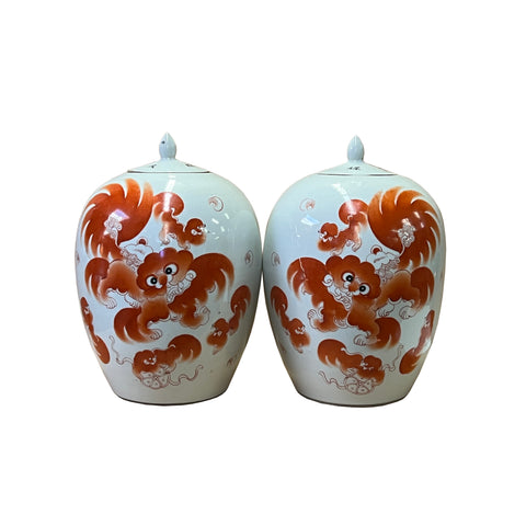 pair chinese orange foo dogs oval jar - asian porcelain temple jars