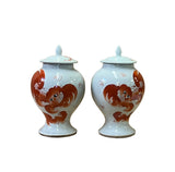 Pair orange foo dogs porcelain jar - asian chinese porcelain jar