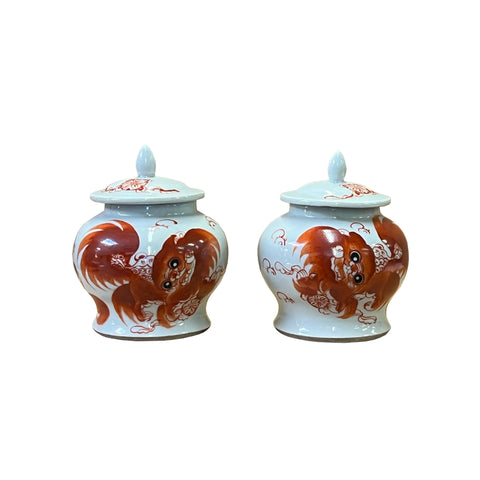 pair orange foo dog jars - asian porcelain temple jar - Chinese porcelain jar