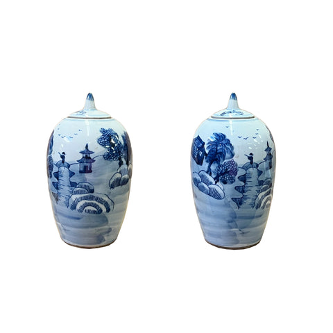 pair blue white porcelain jars - Asian chinese point lid temple jars - oriental porcelain small ginger jars