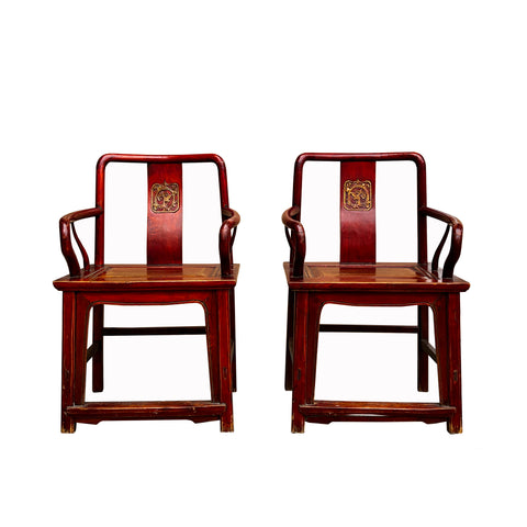 chinese brown stain armchairs - oriental golden carving armchair set