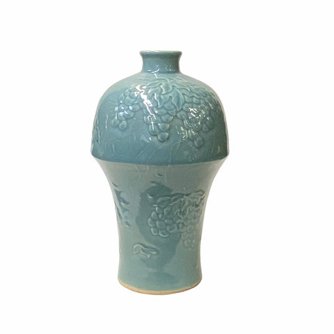 pastel blue porcelain vase - grapes theme vase 