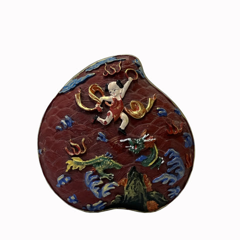 chinese red resin lacquer box - asisn peach heart shape box - oriental resin dragon kid carving