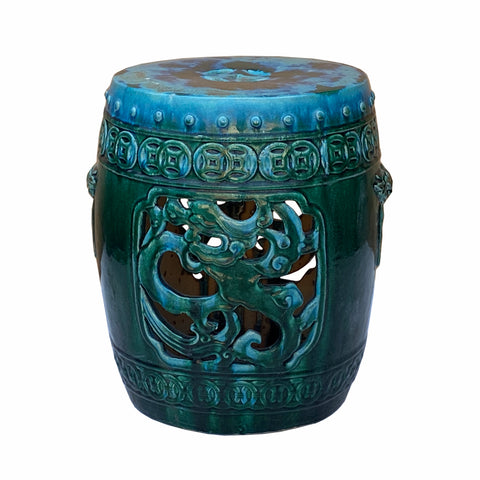round garden stool - oriental dragon clay stool - green turquoise ceramic side table