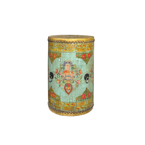 tibetan round drum table - turquoise golden graphic drum - asian treasure graphic drum table
