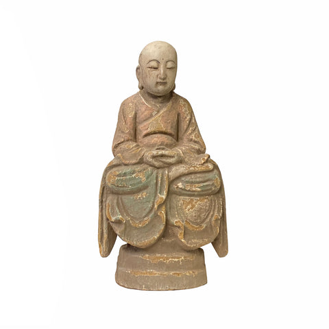 chinese wooden sitting lohon statue - asian wood monk figure